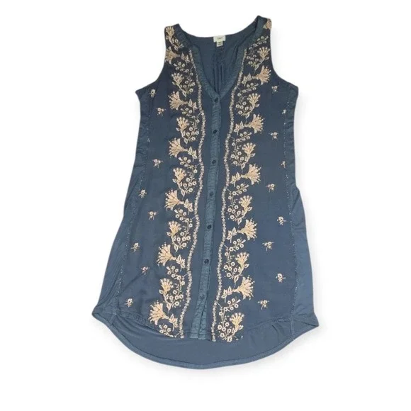 Anthropologie Tiny Syden Embroidered Floral Sleeveless Button Front Dress Teal M - Picture 3 of 10